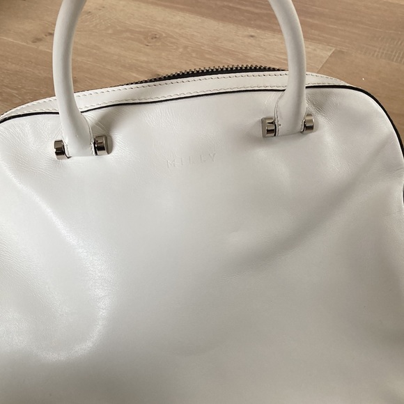 MILLY White Tote Satchel Geometric Multicolor Studs Detachable Strap Handbag - Picture 5 of 6